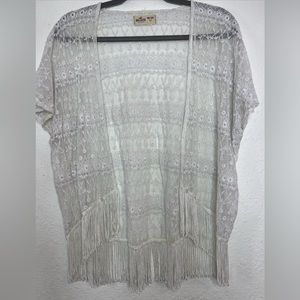 White vintage boho lace kimono style top with tassels One size fits all